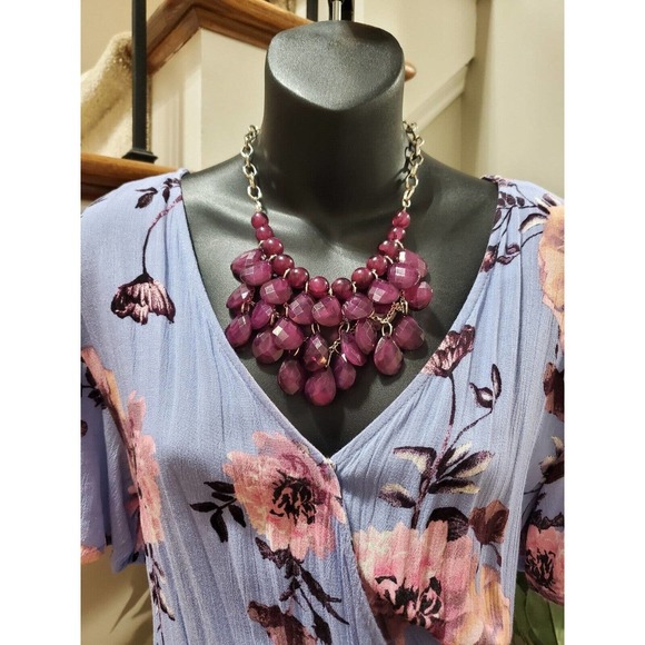 Miami Women Purple Floral 100% Rayon Short Sleeve V Neck Flowy Dress Size XS - Picture 2 of 14